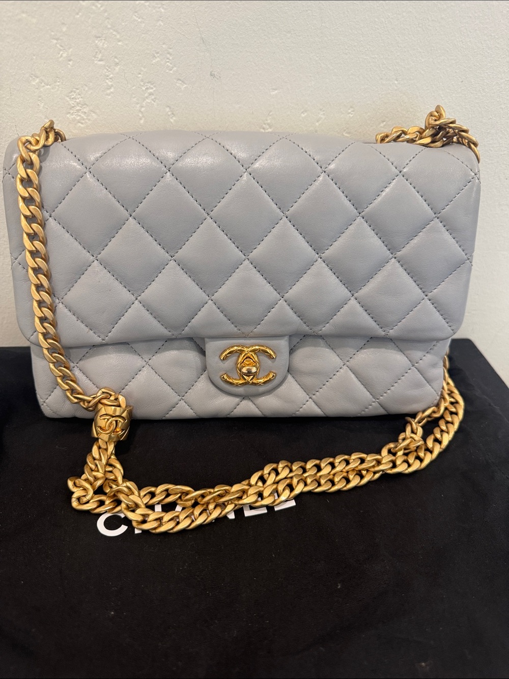 CHANEL Quilted pillow crush flap bag in Light Gray